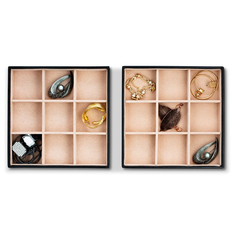 Glenor Co Jewelry Organizer Tray - Set of 2 - Stackable 18 Slots Jewelry Storage Trays - Display on Dresser or Drawer - Compatible with Other Trays - Black - Image 1
